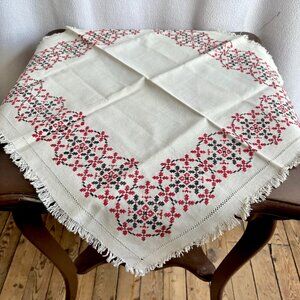 Hand Made Cross Stitch Tablecloth 24 x 26" Red Black Linen